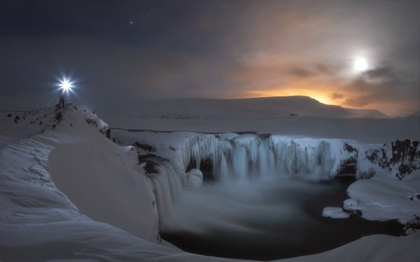 Earth Goðafoss Waterfalls Light Snow Night Waterfall Ice Iceland HD Wallpaper | Background Image