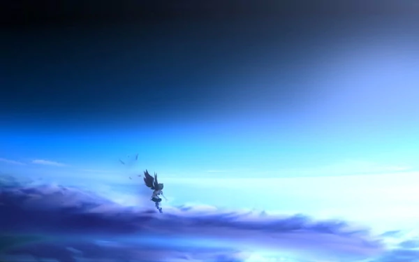 A serene HD wallpaper featuring Aya Shameimaru from the Touhou anime, soaring gracefully through a vibrant sky filled with clouds and a beautiful gradient of blue hues.