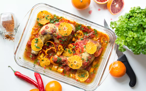  Chicken legs with tomatoes, peppers and oranges by Jakub Kapusnak