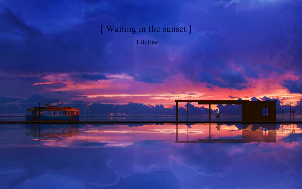 A serene Anime sunset wallpaper featuring a tranquil tram station reflected in still waters, with the text Waiting in the sunset and Lifeline at the top.