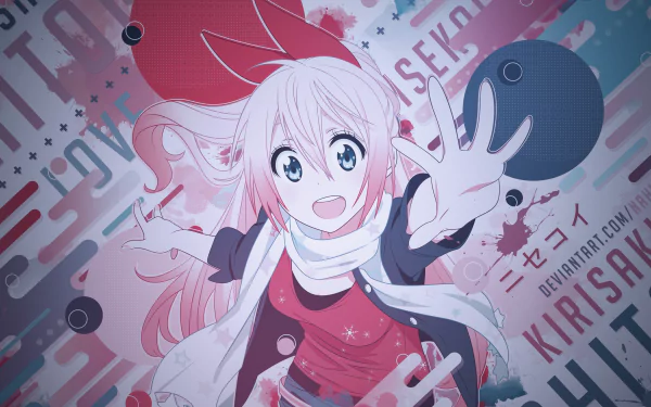 An HD desktop wallpaper featuring Chitoge Kirisaki from the anime Nisekoi. She is shown in an animated, colorful background with her hand reaching out, and her name and series title are displayed in the background.