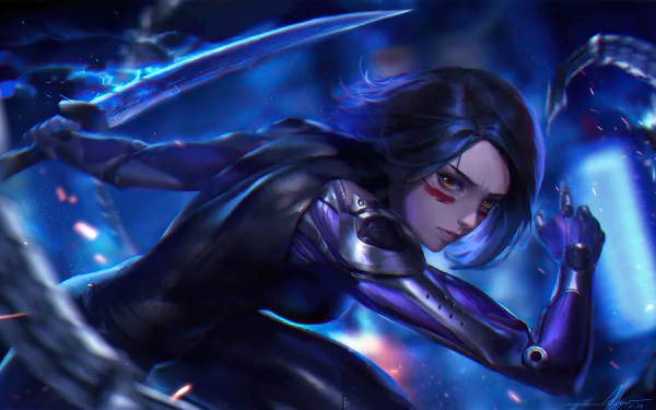 4K Ultra HD PC wallpaper: Alita from the movie Alita: Battle Angel — cyborg warrior in dark armor lunging with a glowing blade amid blue neon motion.