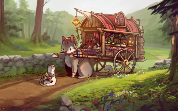 Anime-style cats rest by a flower-filled wagon on a greenery-lined path, set in a serene forest background, captured in HD for a PC desktop wallpaper.