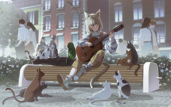 Anime Original People Guitar Cat Animal Ears Bench Sneakers HD Wallpaper | Background Image