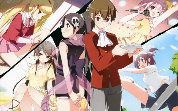 HD desktop wallpaper featuring characters from the anime The World God Only Knows, showcasing dynamic scenes and vibrant colors in a captivating collage.