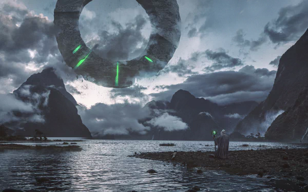 HD desktop wallpaper featuring a sorcerer conjuring a sci-fi portal by a mountainous lakeside under a stormy sky.