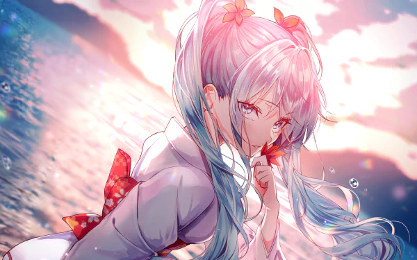 Anime-style image with Hatsune Miku in a yukata, white hair, and grey eyes, standing by the sea at sunset with long hair flowing. This HD wallpaper and background captures serene colors and beautiful scenery.