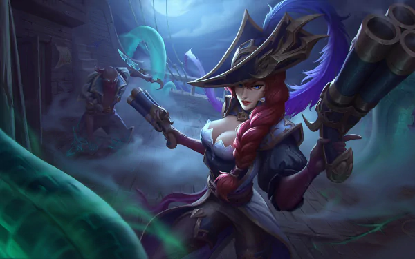 HD desktop wallpaper featuring Pyke and Miss Fortune from League of Legends in a dark, underwater-themed setting, showcasing dynamic video game characters.