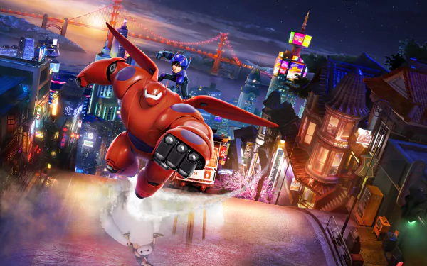 HD desktop wallpaper featuring Hiro Hamada and Baymax from the movie Big Hero 6, soaring over a vibrant cityscape with the Golden Gate Bridge in the background.