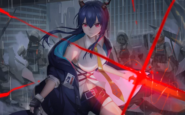 blue hair red eyes Ch'en (Arknights) video game Arknights HD Desktop Wallpaper | Background Image