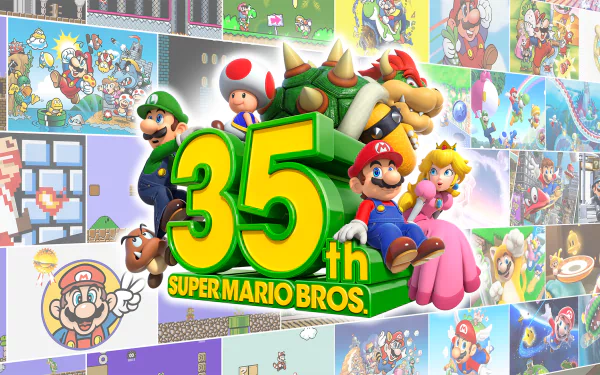 HD PC desktop wallpaper: colorful Super Mario Bros. 35th anniversary collage with Mario, Luigi, Princess Peach, Toad, Bowser, a Goomba and video game art background.