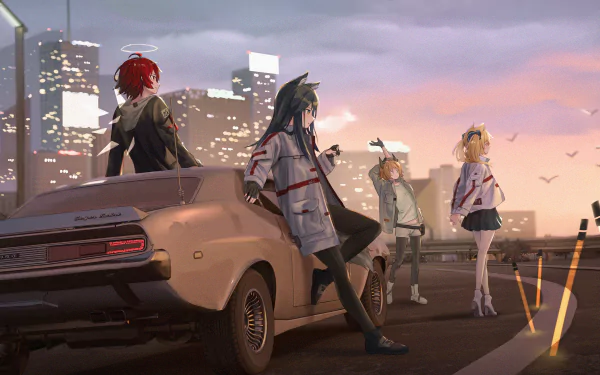 2K Quad HD Arknights PC desktop wallpaper: Texas, Sora, Exusiai and Croissant beside a vintage car on a city waterfront at sunset, stylized video game artwork.