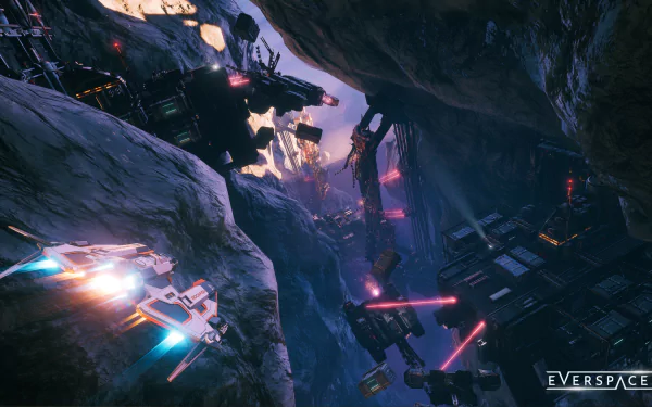 4K Ultra HD PC desktop wallpaper from video game Everspace 2: a fighter ship races through an asteroid canyon amid explosions and red laser fire around massive orbital structures.