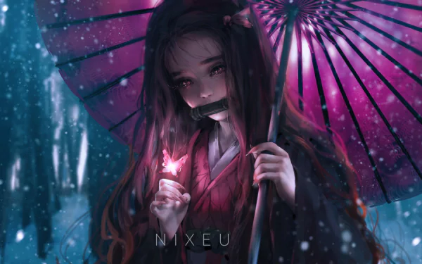 HD desktop wallpaper featuring Nezuko Kamado from Demon Slayer: Kimetsu no Yaiba, holding a parasol and a glowing pink spark in a mystical setting.