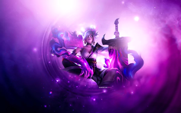 Riven from the video game League of Legends, bathed in purple energy, levitating with her broken sword amid swirling cosmic light — 4K Ultra HD PC desktop wallpaper.