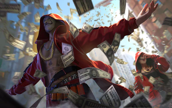 HD PC desktop wallpaper featuring dynamic characters from the video game Garena Free Fire, surrounded by flying money in an intense urban setting.