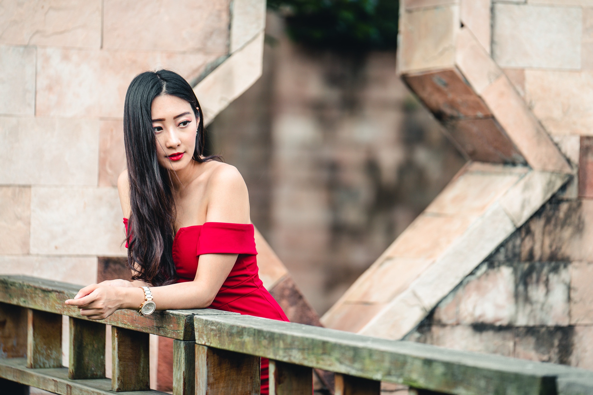 Download Long Hair Black Hair Lipstick Depth Of Field Red Dress Model
