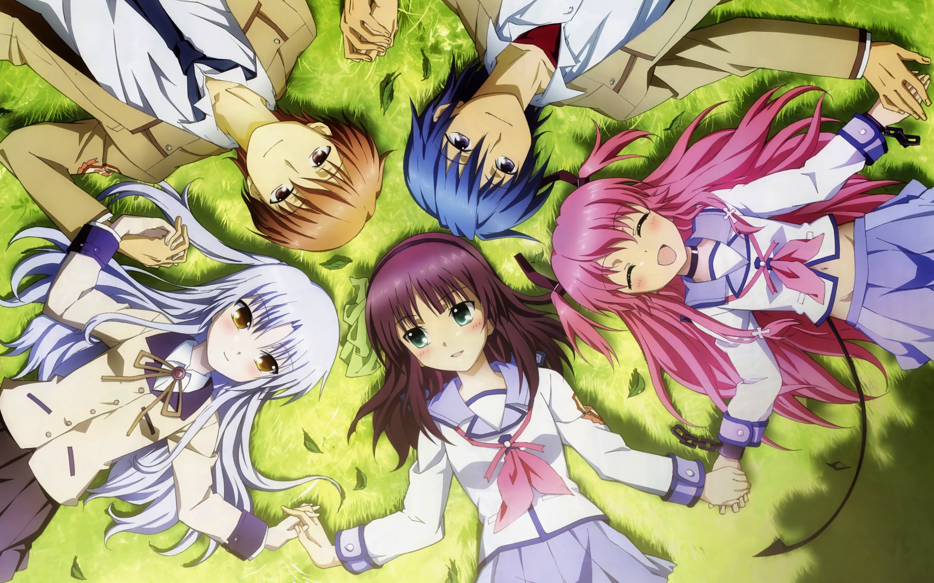 Angel Beats! characters Kanade, Yuri, Yuzuru, Yui, and Hinata in a stunning desktop wallpaper.