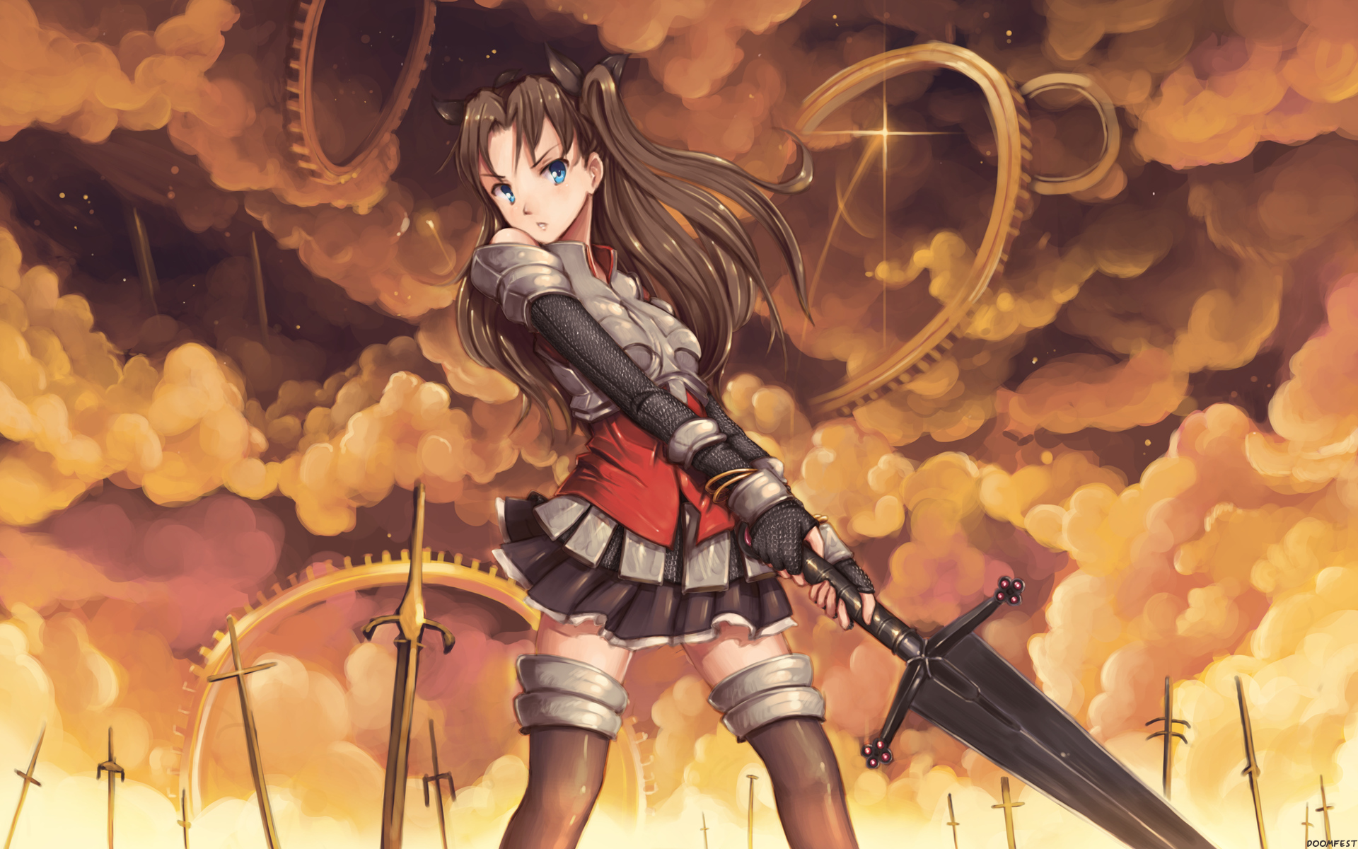 Rin Tohsaka from Fate/Stay Night in armor with sword and blue eyes.