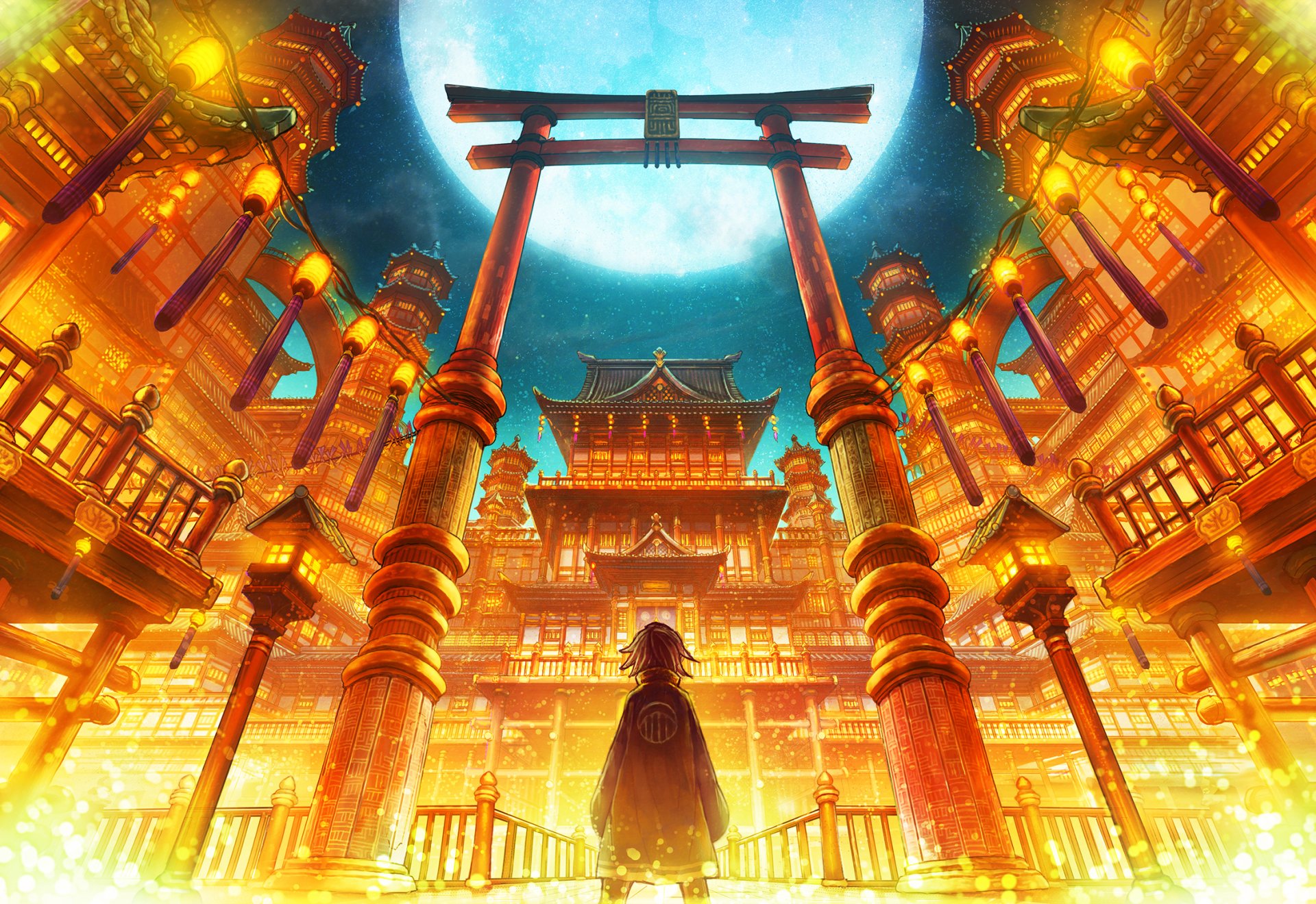 HD anime-style desktop wallpaper featuring a glowing torii gate and elaborate traditional architecture under a moonlit sky with a silhouetted figure in the foreground.