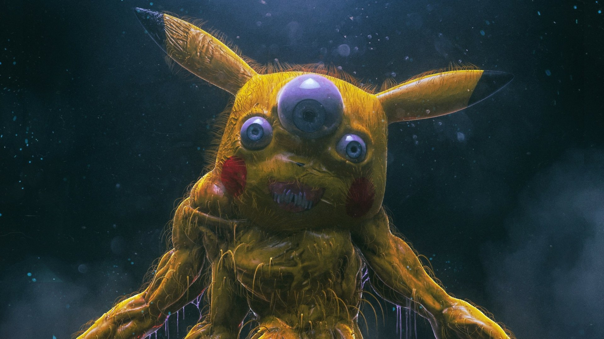 HD PC desktop wallpaper featuring a dark, eerie, and distorted rendition of Pikachu from the anime Pokémon.