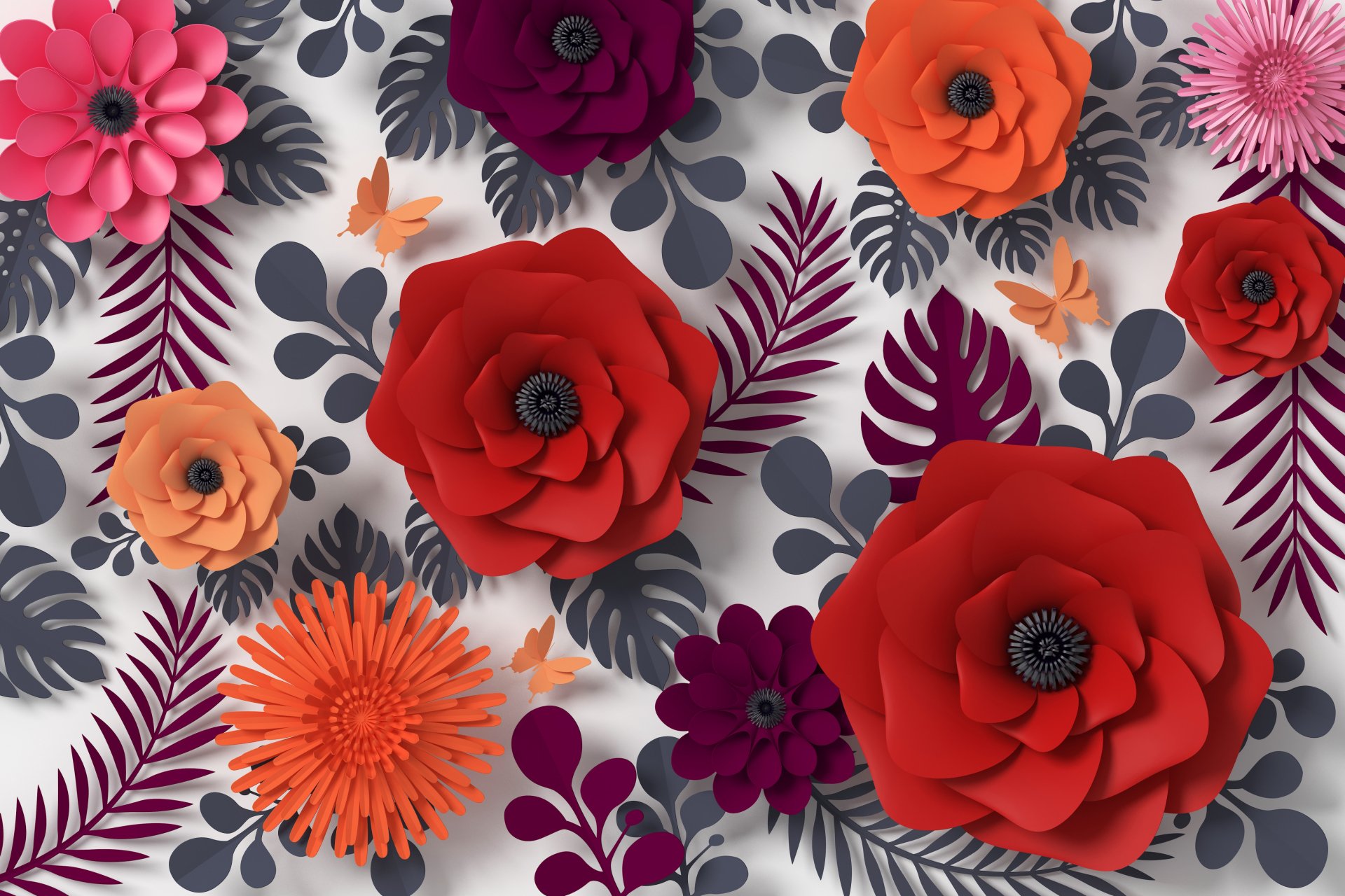 Artistic floral arrangement in vibrant red, orange, pink, and purple hues with delicate leaves and butterflies, rendered in 4K Ultra HD for PC desktop wallpaper.