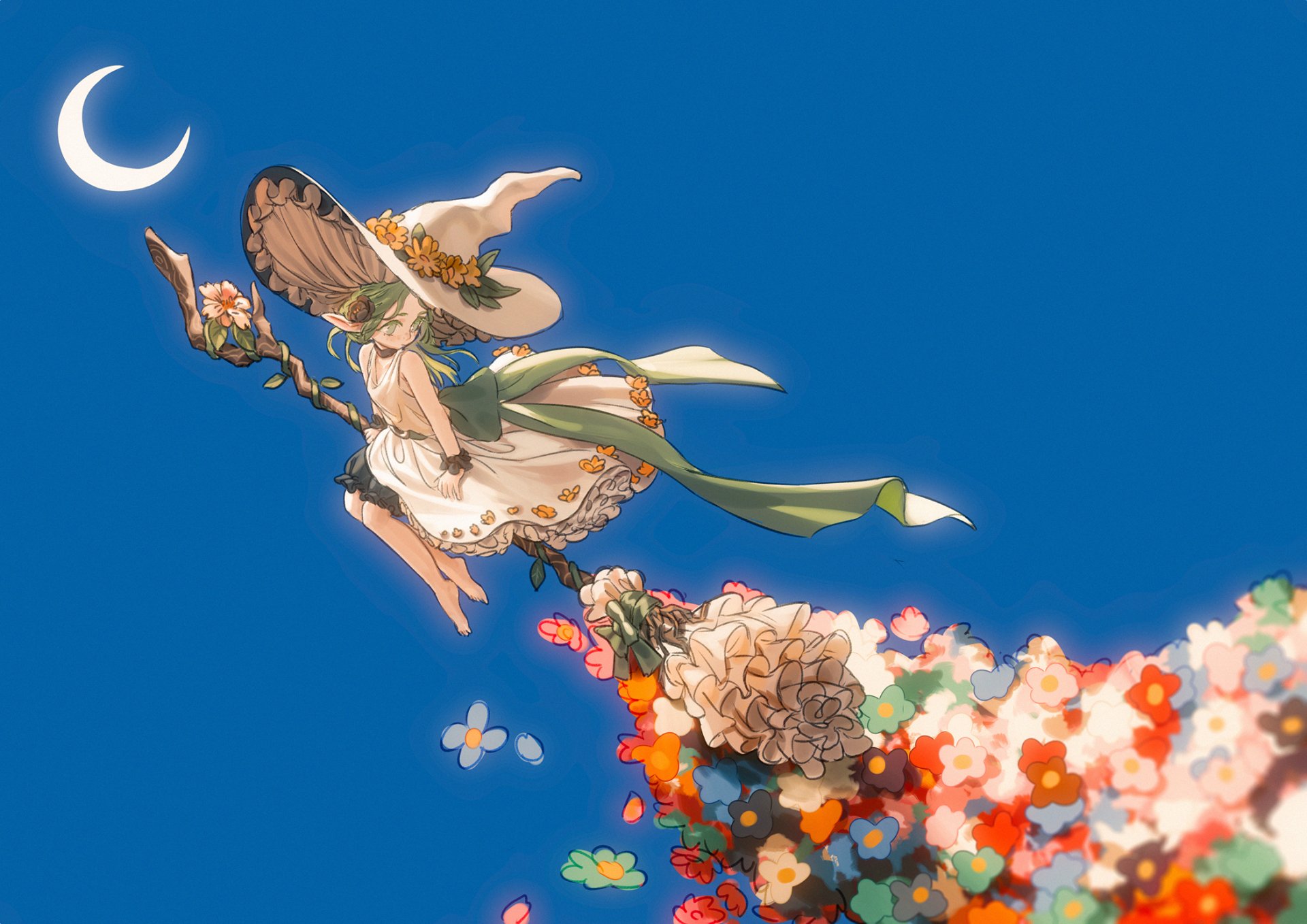 Anime original HD PC desktop wallpaper: a girl in a wide-brimmed hat and flowing ribbons flies above a colorful floral trail beneath a crescent moon on a clear blue background.