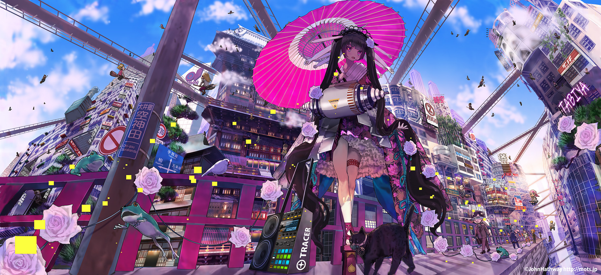 Anime-style original HD desktop wallpaper featuring a girl with twintails holding a pink parasol in a vibrant, futuristic urban setting with a black cat nearby.