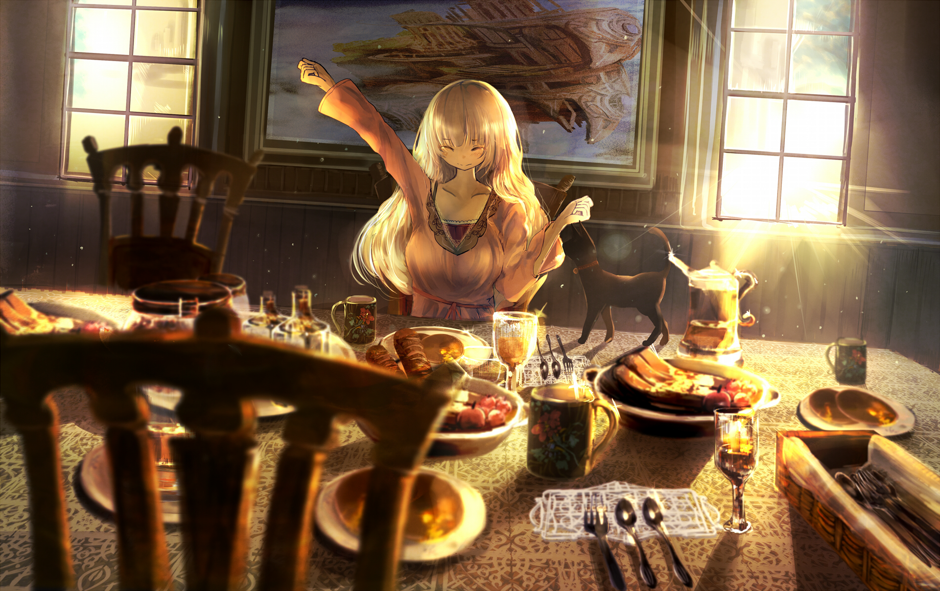 Anime, Original HD PC desktop wallpaper and background: blonde girl at a sunlit dining table piled with food, a black cat weaving between plates, warm golden light streaming through tall windows.