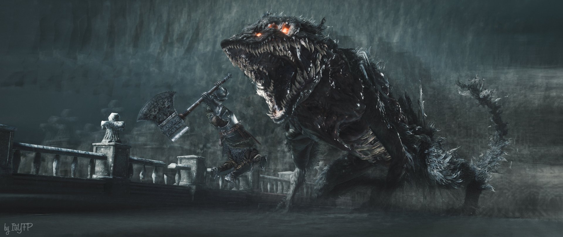 Video game Dark Souls III 2K Quad HD PC desktop wallpaper: roaring abyssal wolf and armored knight clash on a rain-swept stone bridge in a dark, stormy fantasy scene.