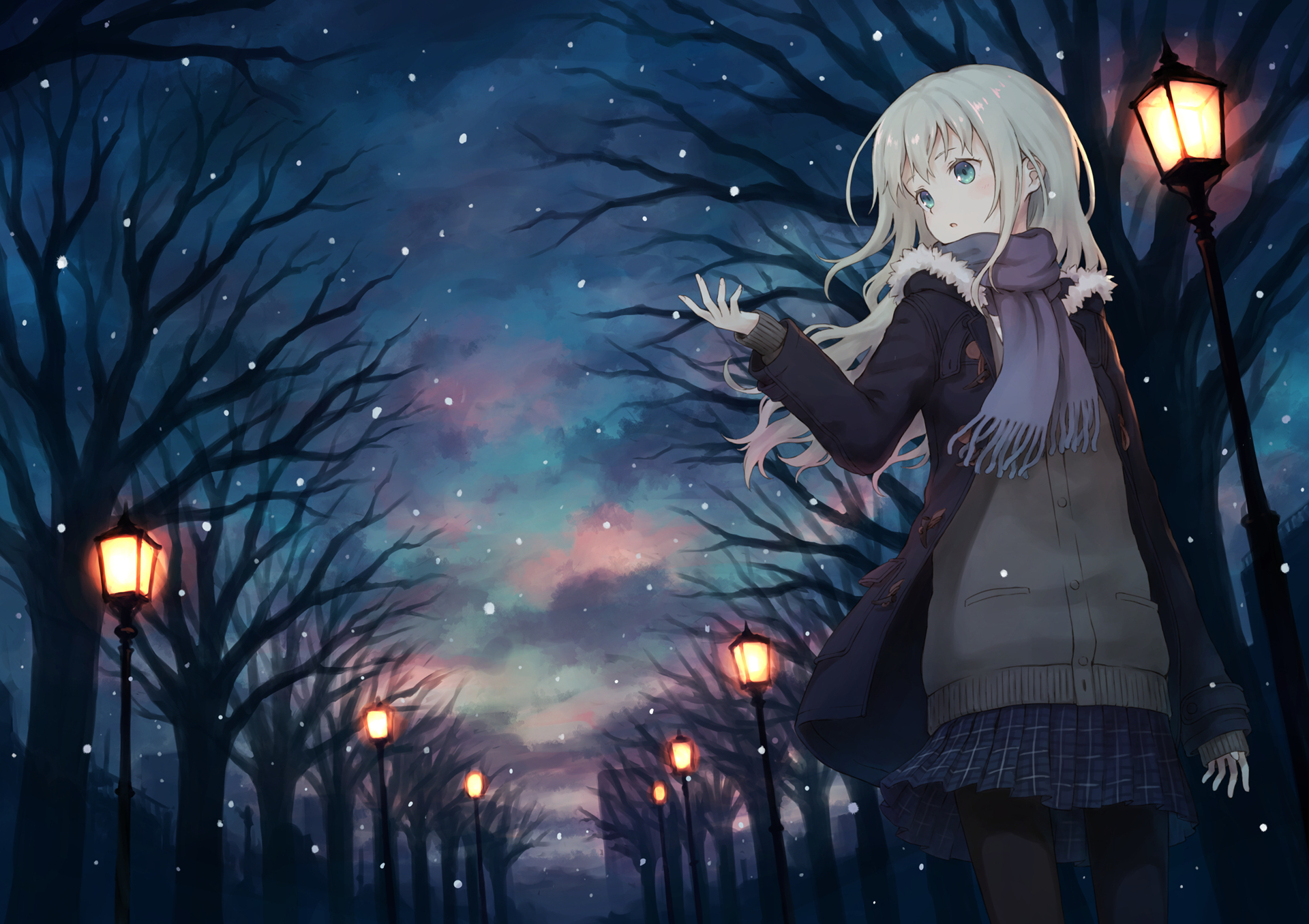 Anime original HD PC desktop wallpaper/background: a blonde girl in a winter coat and scarf stands beneath glowing lampposts on a snowy, bare-branch avenue with a colorful, starry twilight sky.