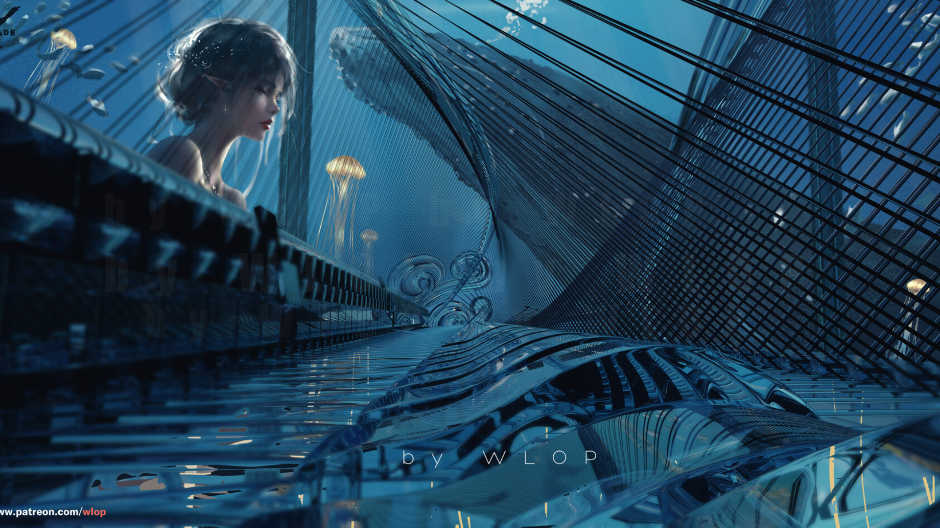 HD PC desktop wallpaper from the comic GhostBlade, featuring a futuristic underwater scene with a female character and glowing jellyfish.