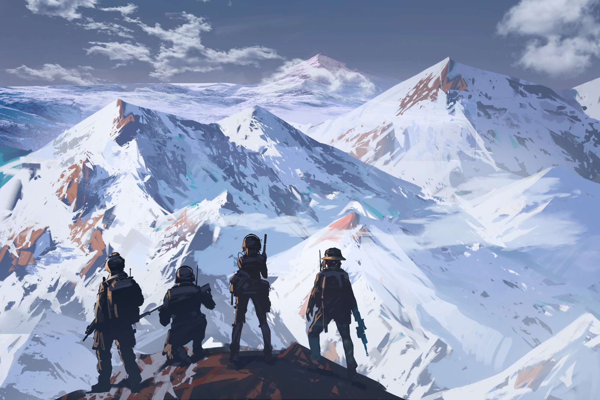 Anime-style HD desktop wallpaper depicting four figures overlooking a vast, snowy mountain landscape in winter, blending original art with dramatic alpine scenery.