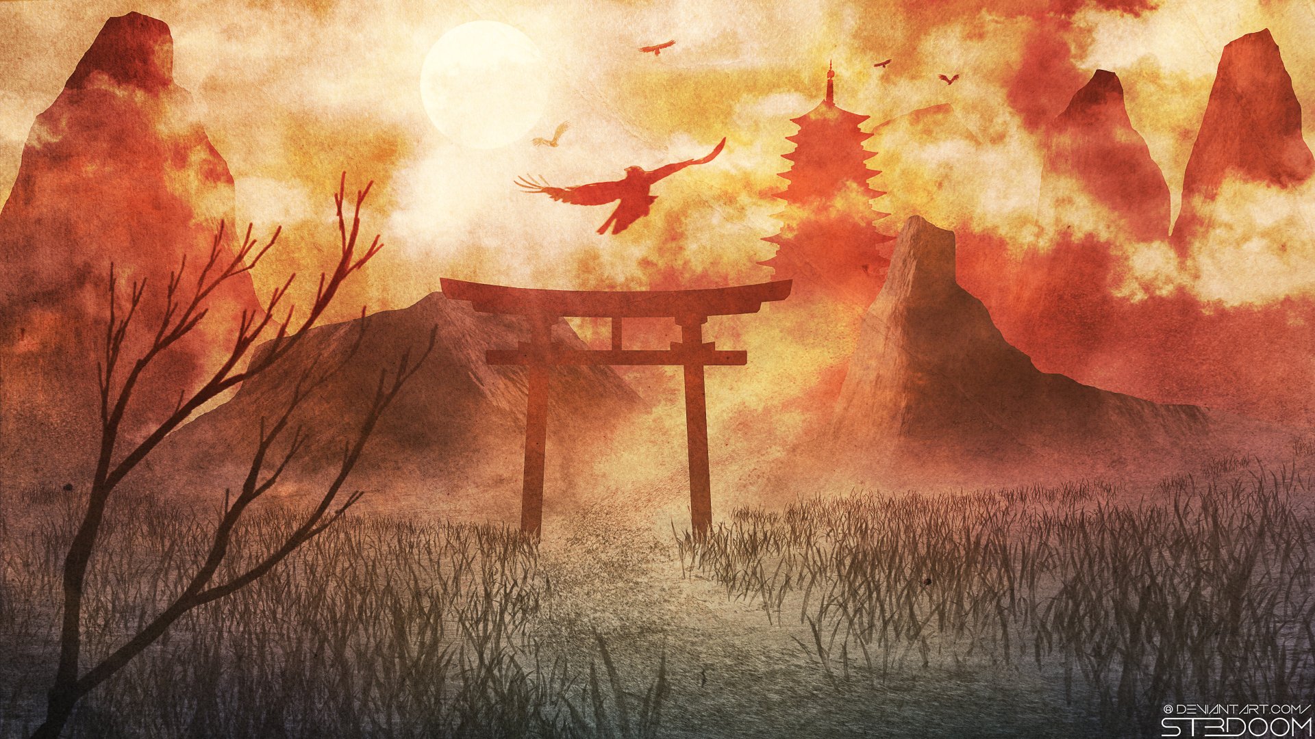 Artistic 4K Ultra HD landscape wallpaper depicting a fiery mountain scene with a torii gate silhouetted against a glowing sky and birds soaring above.