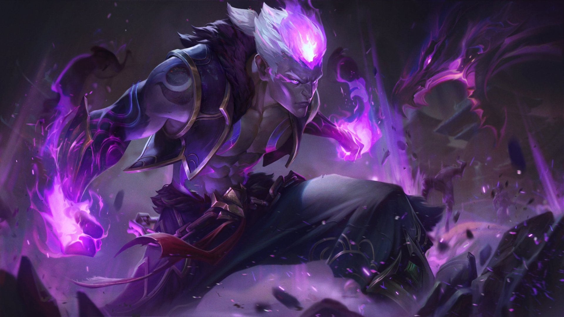 League of Legends 4K Ultra HD PC wallpaper: a purple-flamed champion crouches, eyes and fists glowing as dark energy swirls and debris floats — video game background art.