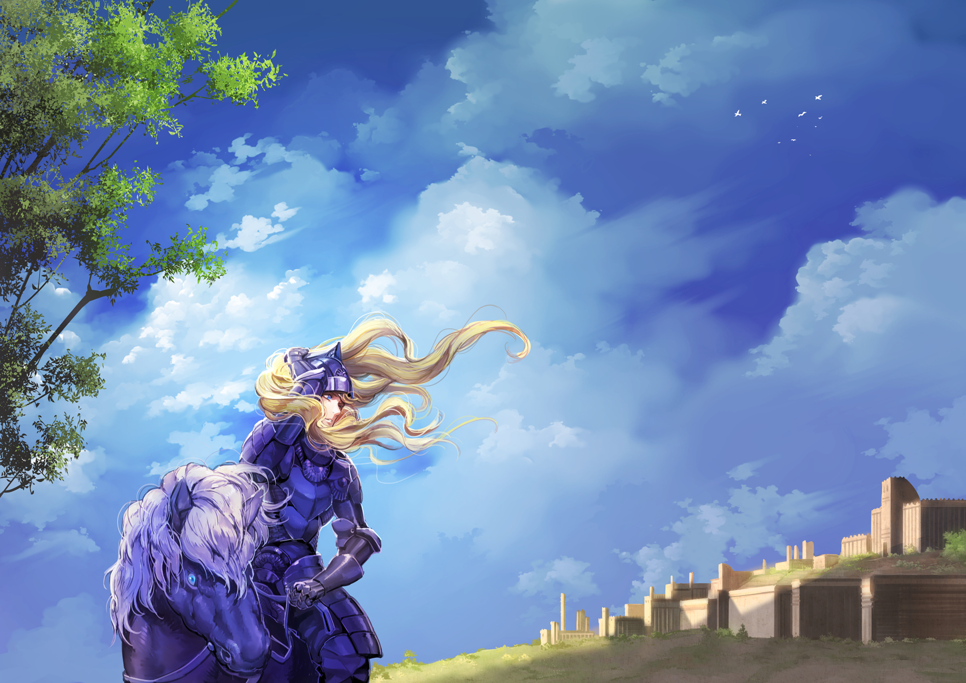 Anime girl with long flowing hair stands under a vibrant blue sky with clouds, overlooking a sunlit cityscape in this HD PC desktop wallpaper.