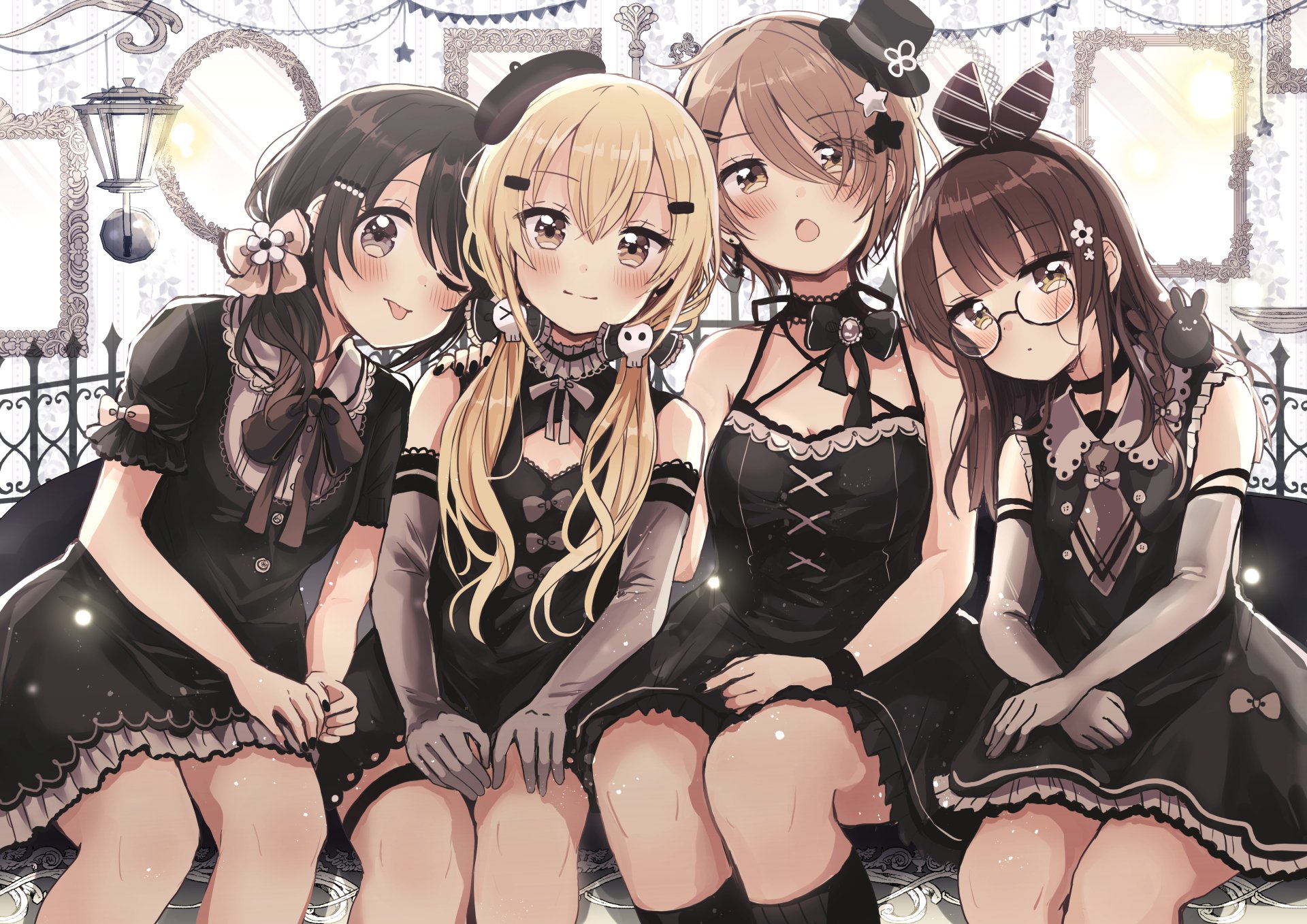4K Ultra HD PC desktop wallpaper of four anime girls (anime girl) in coordinated black gothic-lolita dresses, seated together on an ornate balcony with warm, soft lighting.