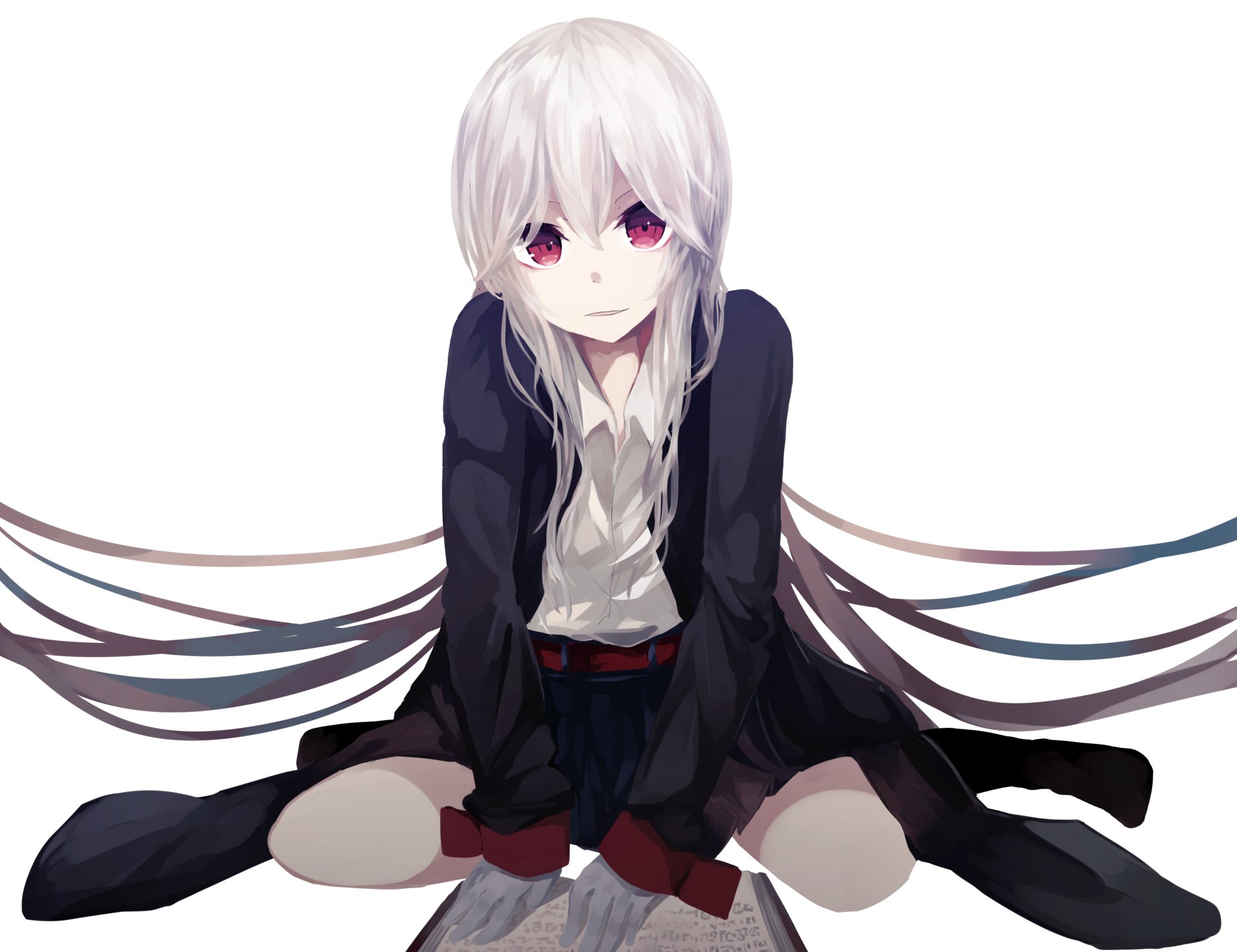 Anime girl with white hair and red eyes in a dark outfit, seated with flowing ribbons behind her, featured in an HD PC desktop wallpaper background.