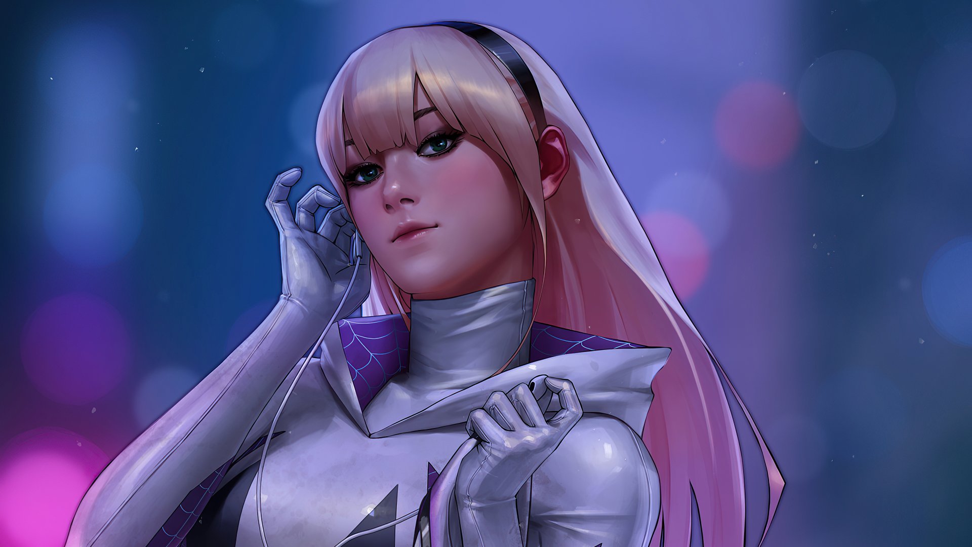 Spider-Gwen, Gwen Stacy in a sleek white and pink costume, depicted in a vibrant 4K Ultra HD comic-style wallpaper with a glowing urban background.