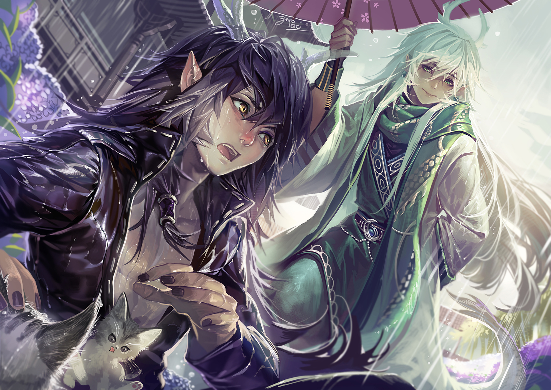 HD anime desktop wallpaper featuring two anime boys with distinct fantasy-inspired outfits and hairstyles in a dynamic, detailed background.