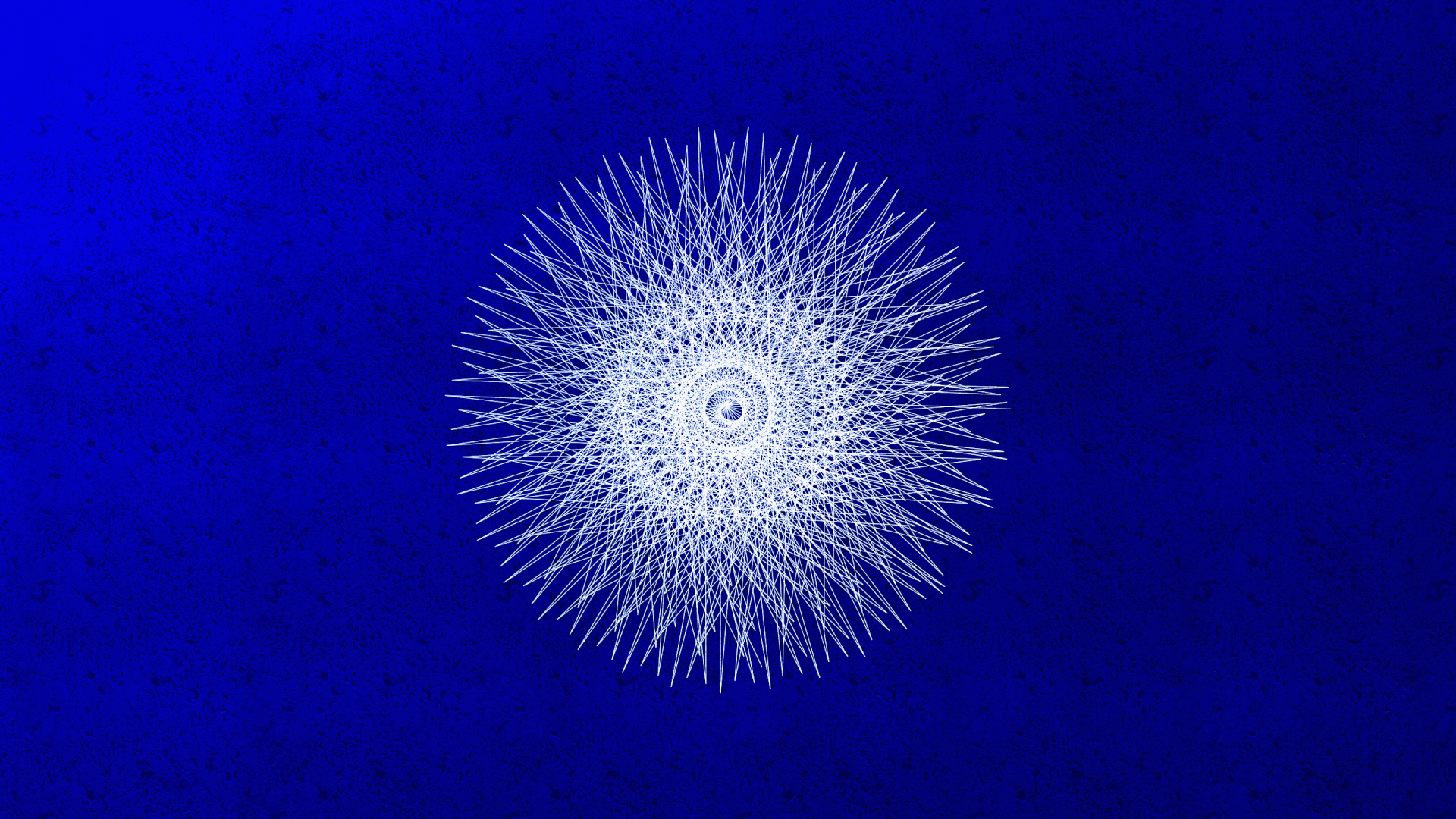 Abstract white Guilloche pattern with intricate, spiked circular design on a deep blue background, creating an artistic and visually striking HD PC desktop wallpaper.