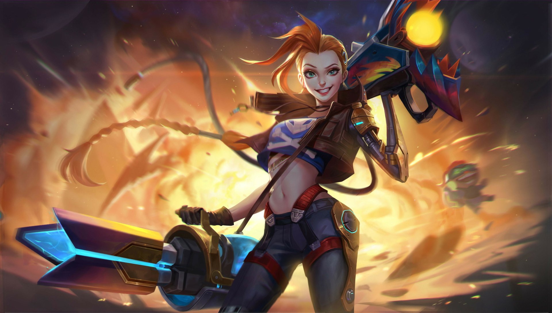 A dynamic 4K Ultra HD wallpaper of Jinx, the woman warrior from League of Legends, wielding her signature weapon with a fiery, explosive background.