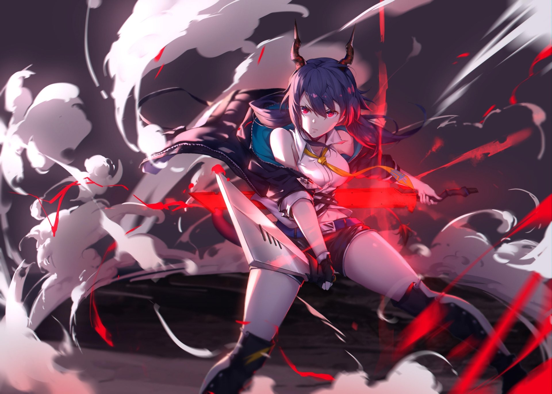 HD PC desktop wallpaper featuring Ch’en from the video game Arknights, depicted in dynamic action with dark and red smoky effects.