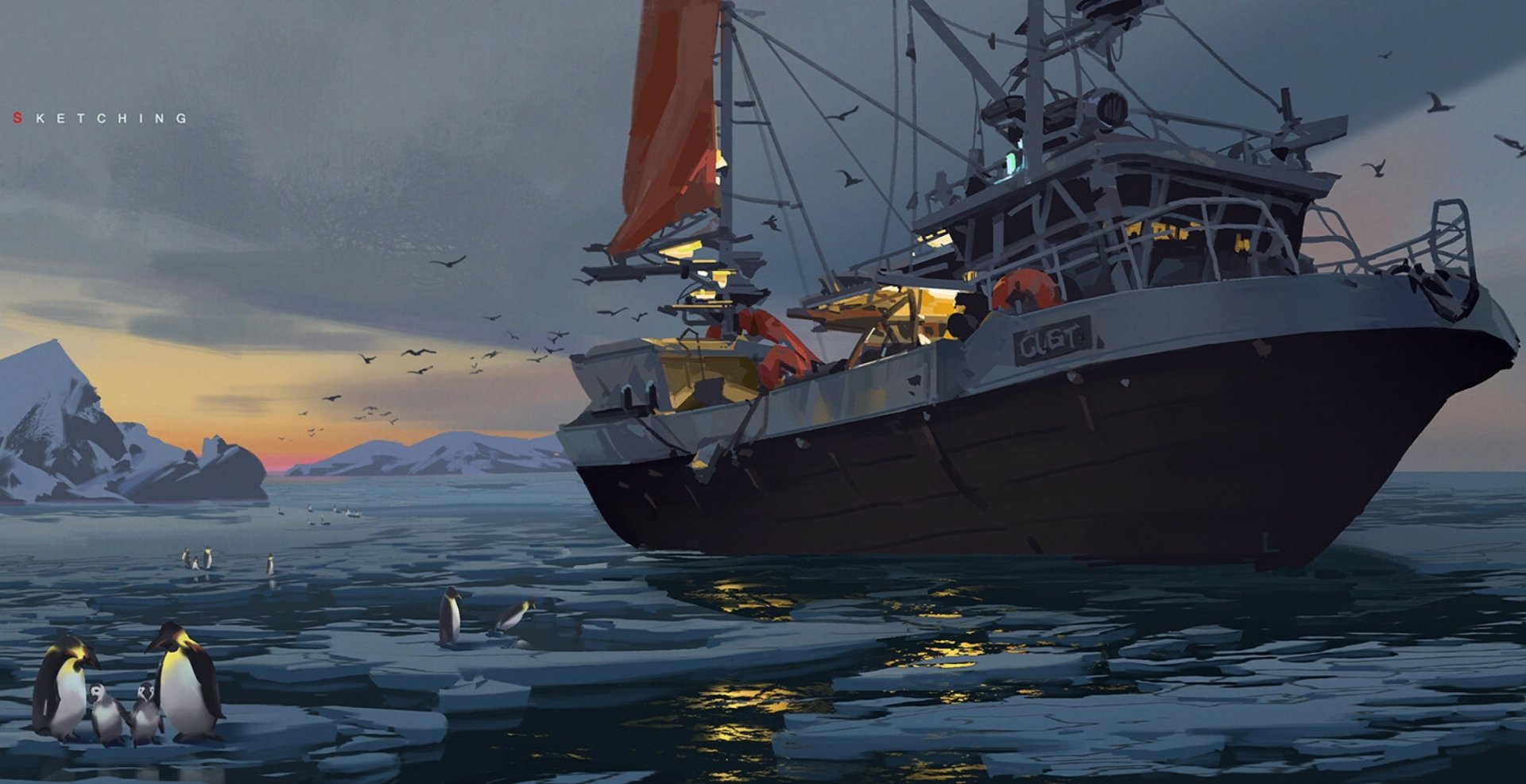 Artistic HD desktop wallpaper showing a ship navigating icy waters with penguins on floating ice under a moody sunset sky.
