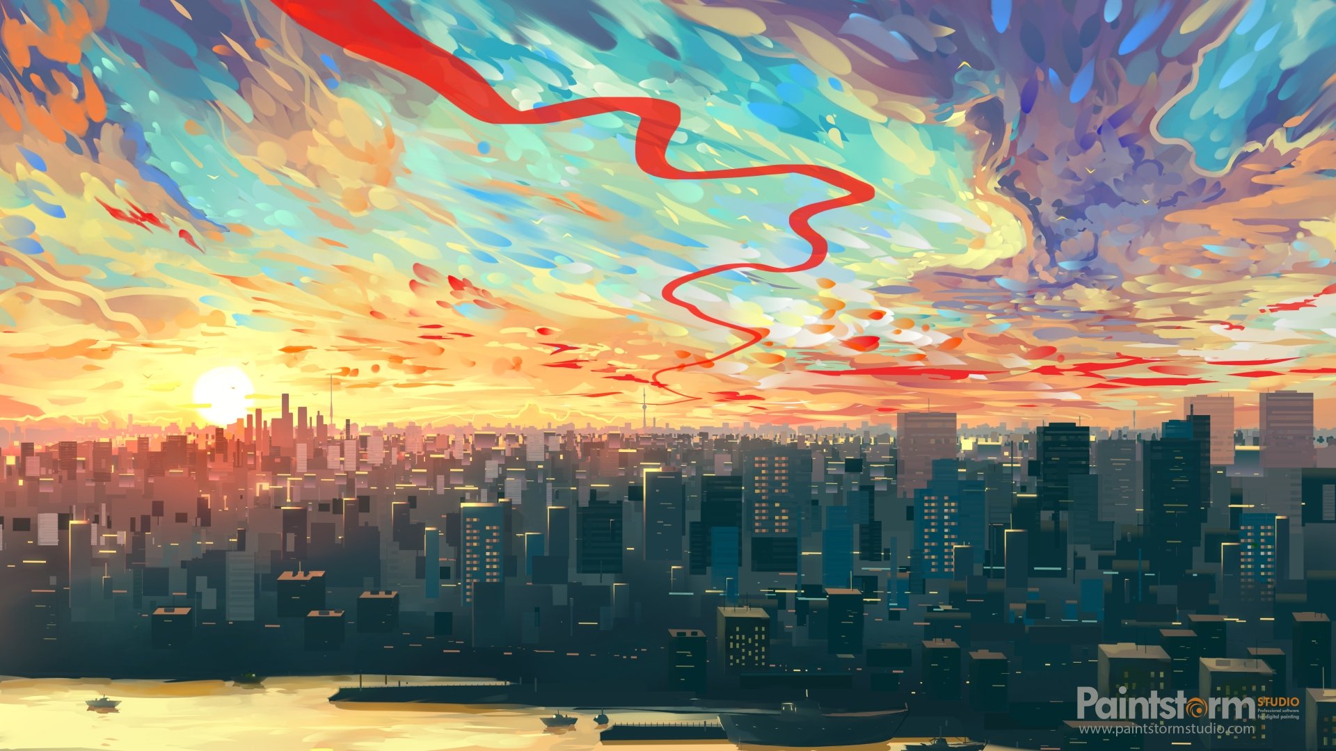 4K Ultra HD artistic cityscape wallpaper featuring a vibrant, colorful sunset over a sprawling urban skyline with dynamic swirling clouds.
