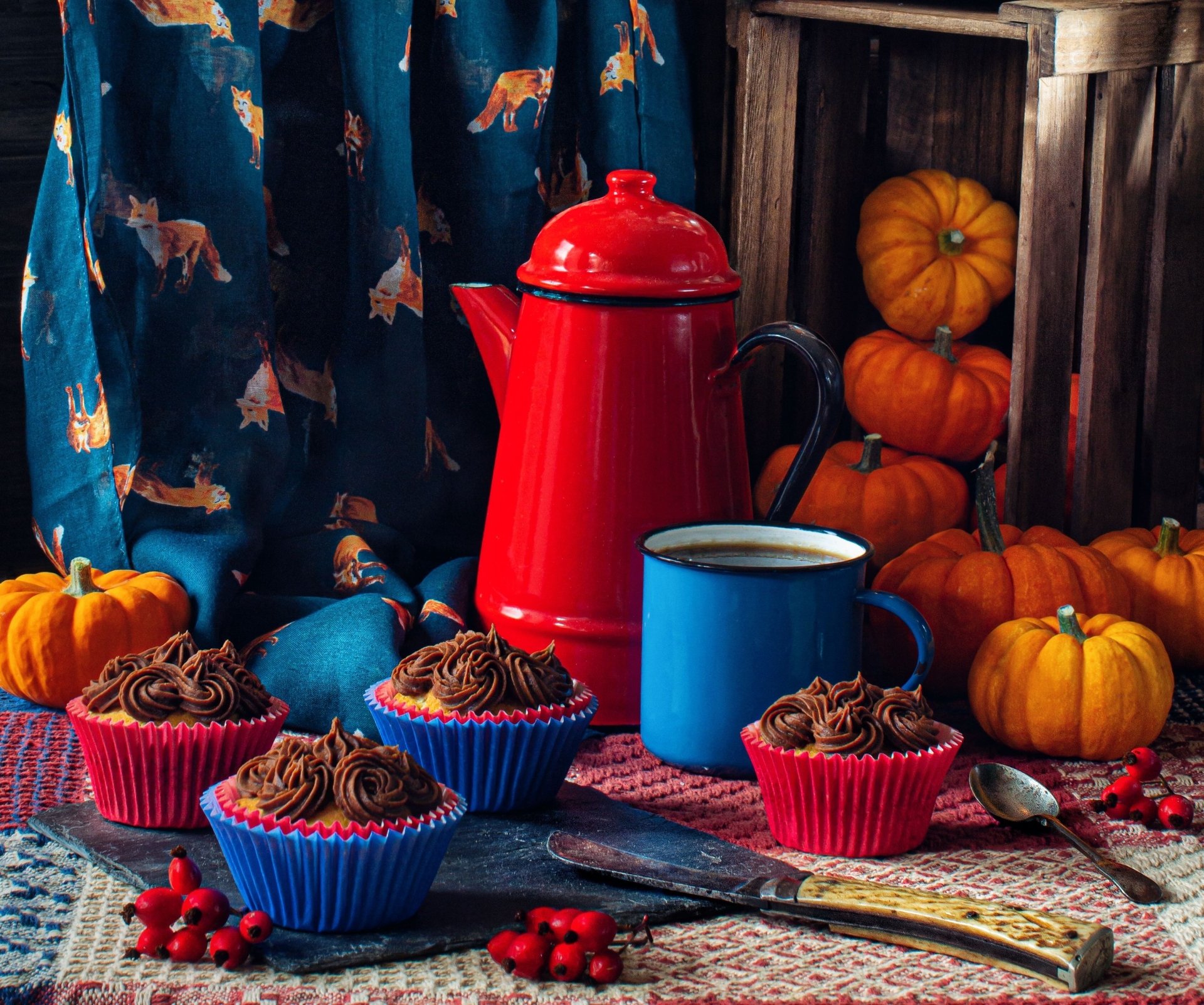 Download Still Life Pumpkin Kettle Food Cupcake HD Wallpaper