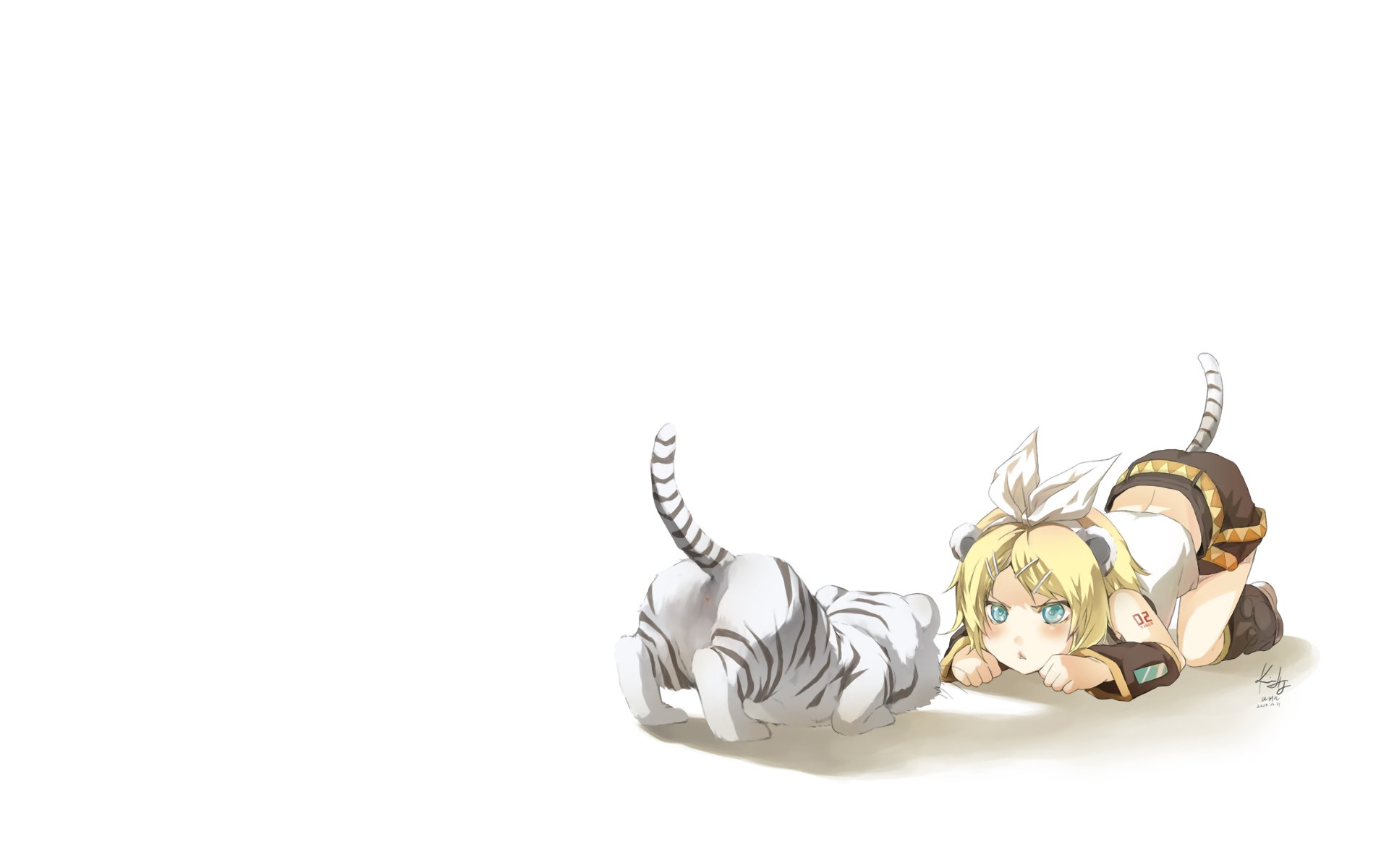 HD desktop wallpaper featuring the Anime character Rin Kagamine from Vocaloid, playfully interacting with a tiger. The background is predominantly white, drawing focus to the colorful characters.