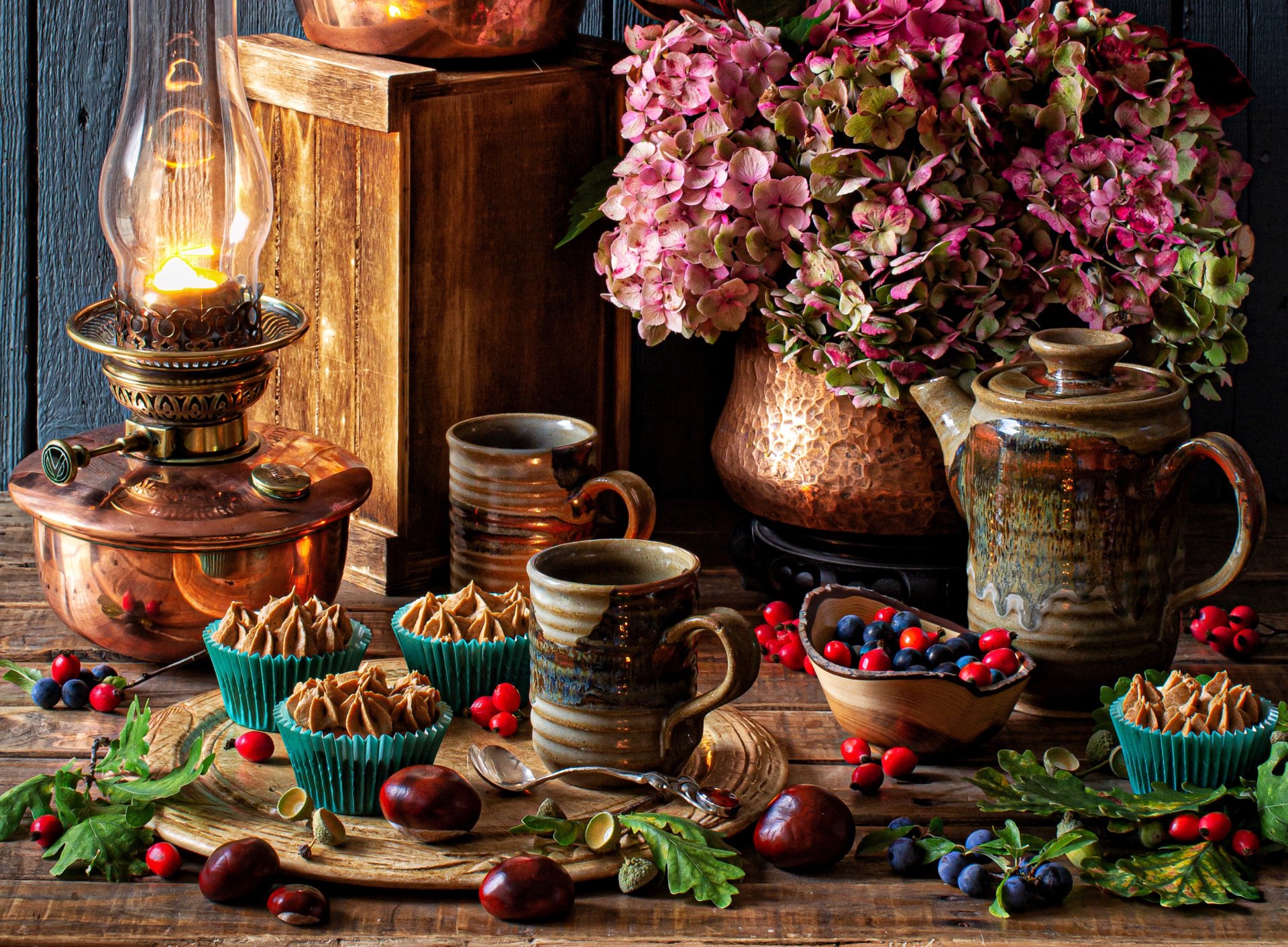 Download Kerosene Lamp Dessert Berry Hydrangea Flower Photography Still Life HD Wallpaper