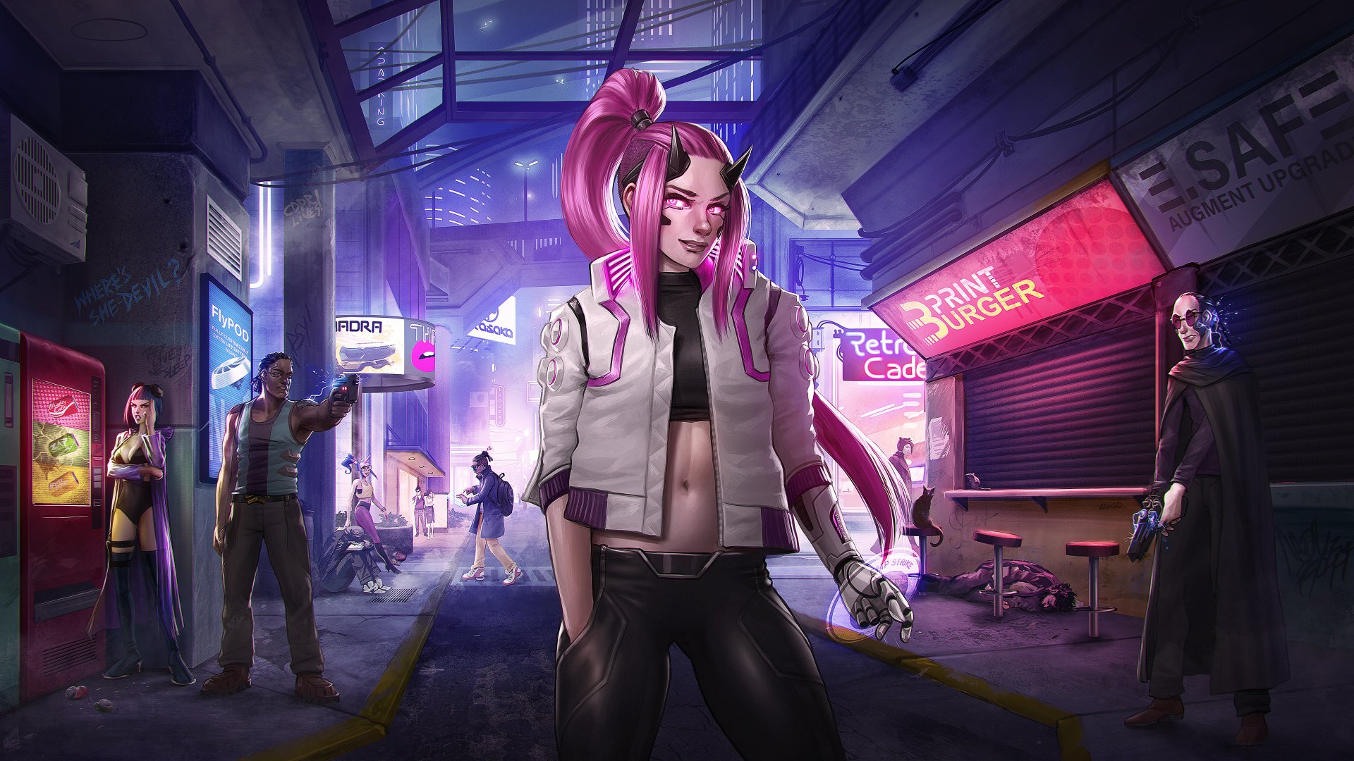 4K Ultra HD PC desktop wallpaper featuring a vibrant Cyberpunk 2077 scene with a pink-haired character in a futuristic neon-lit city alley.