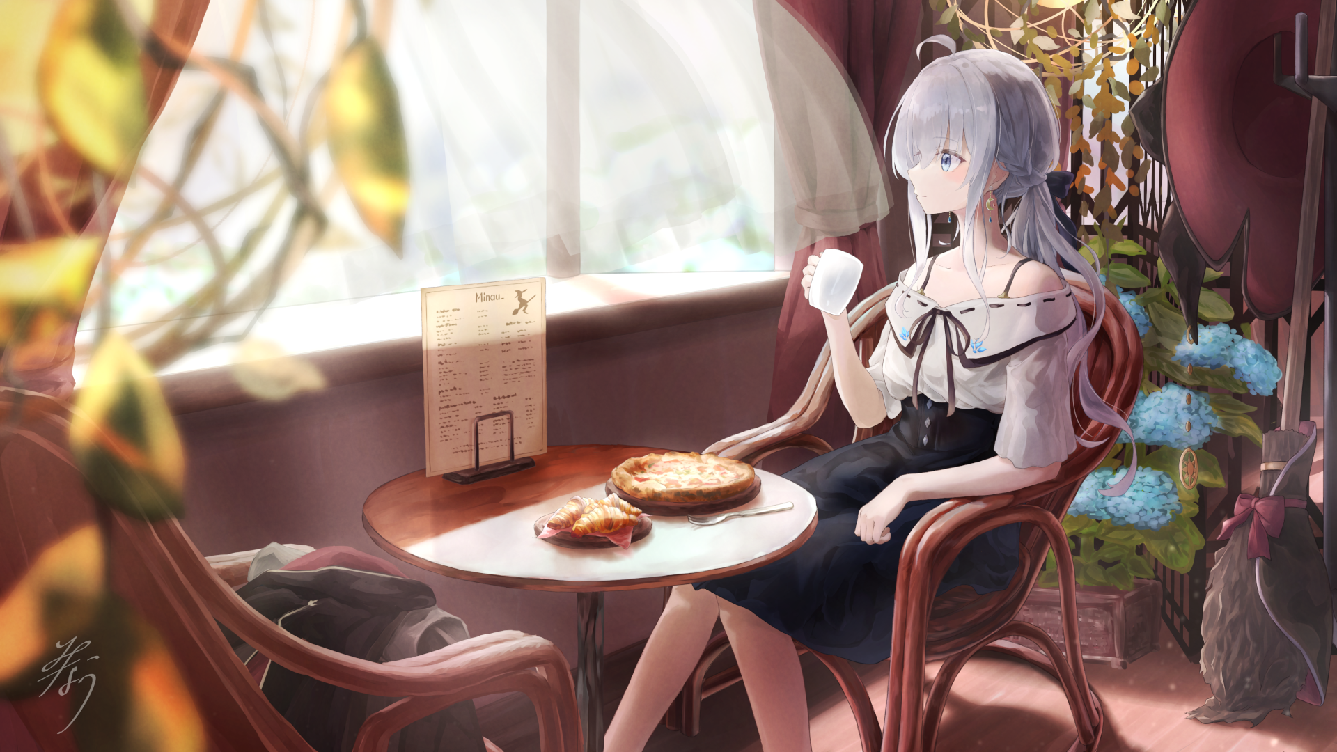 HD anime desktop wallpaper featuring Elaina from Wandering Witch: The Journey of Elaina, seated at a cozy cafe table enjoying a pastry and tea bathed in soft natural light.